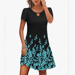 Elegant Black and Blue Leaf Pattern Mini Dress